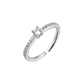 Close-up of adjustable silver ring with four-prong set cubic zirconia and pavé band - Adjustable Open / Platinum White Zirconia