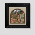 Framed vintage oil painting of European countryside with sheep and a carved black frame - Rural Architecture (24Y60230)