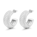 Elegant silver C-shaped hoop earrings featuring a vintage textured diamond pattern finish - Style G Grid Texture C-Shape (KE110096-KFC)