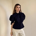 Slim fit navy blue lantern sleeve top with front buttons and stylish bow neckline - S / Black