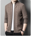 Men's slim fit winter cardigan sweater in deep brown color with cable knit pattern - M / Tops / Coffee