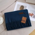 Solid navy blue pashmina scarf with thick tassels on a minimalist white fabric background - Gem Green
