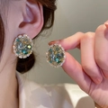 Close-up of vintage gold hoop earring with grey-green crystal and colorful beads - 26# Silver Earring Post - Gold