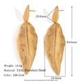 18K gold plated stainless steel feather leaf earrings with 84.6mm length measurement - Patchwork Feather Leaf Drop Earrings - Gold