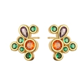 Gold stud earrings featuring orange zircon heart and green crystal butterfly cluster design - Geometric Cluster