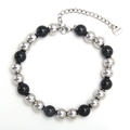 Adjustable stainless steel beaded bracelet with alternating silver and black polished beads - Steel+Black 8mm