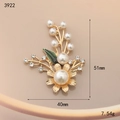 Golden flower and leaf brooch with green enamel, white pearls and sparkling crystals - Pearl Flower Branch (3922)