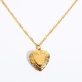 Gold heart locket necklace with vintage scroll engraving on a shiny water wave chain - Engraved Heart Locket - Water Wave Chain
