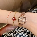 Women's rose gold square quartz watch set with red clover and diamond bracelets - Rose Gold Metal Strap Full Rose Gold