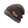 Detail of winter knit beanie with warm gray fleece lining and brown leather patch - One Size / Coffee