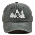 Close-up of Bigfoot silhouette embroidery on washed dark green cotton baseball cap - Army Green