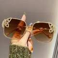 Fashionable oversized square sunglasses with brown gradient lenses and rhinestone accents - Gradient Tea