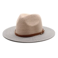 Chapeau Panama bicolore en paille à large bord avec ruban en cuir pour le soleil - M (56-58cm) / Rose + Gris