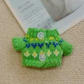 Green miniature knit cardigan for plush dolls featuring blue and yellow patterns with buttons - Green Small Flower Button Sweater