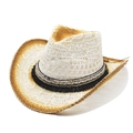 Détail d'un chapeau de cowboy en paille avec ruban bohème, sequins dorés et franges noires - M (56-58cm) / Beige avec Ruban Bleu et Blanc et Pompons (06)