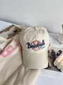 Beige Baseball Mom cap with blue cursive embroidery and red baseball stitching details - Beige