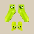 Neon green mid-tube cotton crew socks featuring a funny cartoon smiley face pattern - Neon Green (Expression 08)