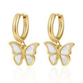 Detail shot of gold butterfly earrings with elegant white shell inlays on white background. - Gold