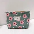 Green corduroy cosmetic bag with pink floral pattern and a zipper closure - Small / Sakura Bloom