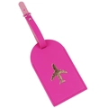 Pink leather luggage tag with gold airplane design and adjustable buckle strap - Rose Red