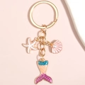Golden mermaid tail keychain with pink shell, pearl and starfish on pink background - Gradient Blue-Purple Starfish Shell Mermaid Tail Style (E4910)