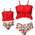Family matching two-piece swimwear with red peplum tops and lemon floral high waist bottoms - Adult S / Red Sleeveless