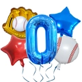 Baseball party balloon set with blue number zero, glove, ball and colorful stars - Age 0 / Number 0