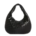 Borsa hobo nera intrecciata a mano con tracolla annodata e design minimalista capiente - Nero