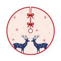 Round beige Christmas tree skirt with red border, blue reindeer and bow decoration - 90CM Tree Skirt Beige Blue Elk
