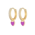 14K gold-plated heart drop earrings with purple enamel and sparkling white zircon stones - Gold Plated Purple