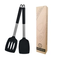 Black non-stick silicone spatula and slotted turner set with stainless steel handles - Solid + Slotted Spatula Set (Boxed) / Black