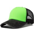 Neon green trucker hat with black mesh and washed grey brim in a 45-degree view - Adjustable / Fluorescent Green