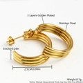 Three-layer C-shaped earrings in polished 18k gold plated stainless steel, 2.5cm size - EH05-7 Large Triple Column / Gold