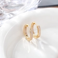 Close-up of gold hoop earrings featuring double rows of micro-paved white zircon stones - 17x17mm / Gold
