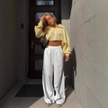 Yellow cropped quarter-zip sweatshirt and white side-striped wide-leg track pants - S / White