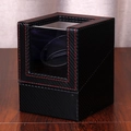 Black carbon fiber PU leather watch winder with red stitching and clear window display - 1+0 Full Carbon (Mini)