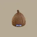 Brown knit children's warm hat with folded brim and PIIG blue logo patch - Leather-labeled Pacifier Khaki (2 Months - 2 Years)
