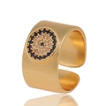 Macro detail of gold-plated wide band evil eye ring with blue and white zircon stones - Adjustable Open / Evil Eye Charm