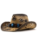Distressed western cowboy straw hat with ethnic beaded band for sun protection - Khaki Black