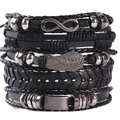 Detailed close-up of multilayer leather bracelet set with wing and infinity metal charms - Style 8/Black Leather Infinity Symbol Wing Multi-layer Bracelet