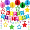 Colorful birthday party decoration set with honeycomb balls, star pendants, and happy birthday banner - Rainbow Honeycomb Decoration Set
