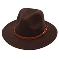 Detail of dark brown fedora hat featuring a leather strap and gold metal buckle - Kids One Size (54cm) / Coffee