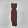 Detail view of square neck design on a slim fit dark brown midi bodycon dress - S / Brown