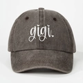 Distressed dark grey washed cotton baseball cap with white cursive gigi embroidery - Coffee