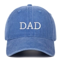 Close-up of DAD embroidery on blue washed cotton denim baseball cap with curved brim - DAD Embroidery / Light Blue