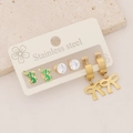 Three-pair stainless steel earring set with green elephant, zircon, and butterfly charms - Green Elephant White Zirconia Gold Bow Set (2#)