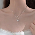 Double-layer S925 silver necklace featuring sparkling butterfly pendants with white zircons - Double Butterfly Necklace [Silver]