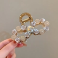 Elegant champagne gold shark clip with resin white roses and sparkling rhinestones - Pink Pearl Rose Diamond