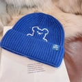 Royal blue knitted beanie featuring a white bear embroidery and a classic woven label - Bear Embroidered Style / Blue