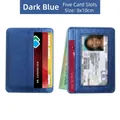 Slim navy blue PU leather wallet with 5 card slots and transparent ID window - Blue
